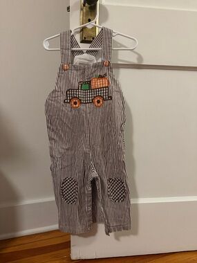 Brown Stripe Pumpkin Truck Kids Overalls